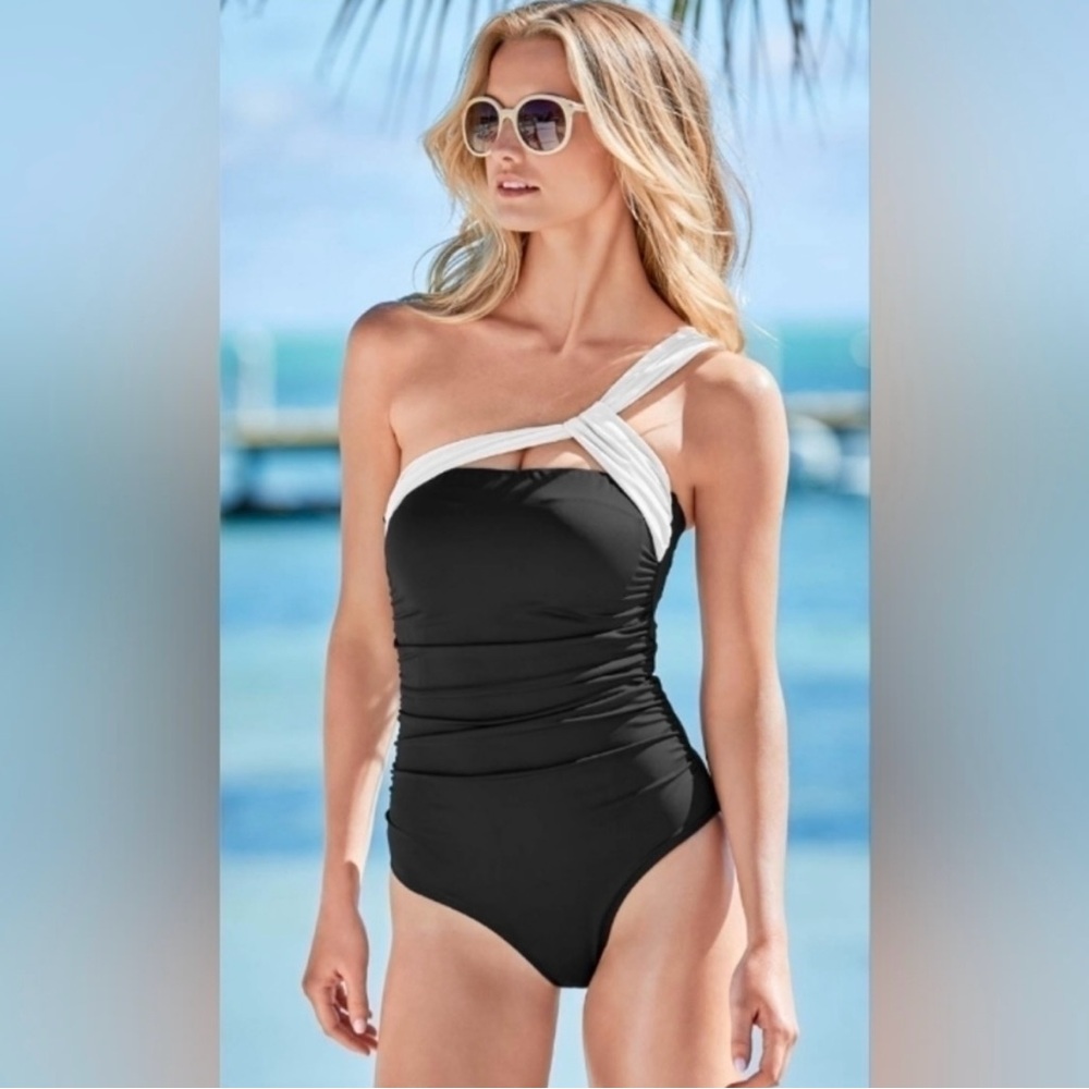 Venus Aphrodite One Piece Bathing Suit Black White Off Shoulder Asymmetrical 8